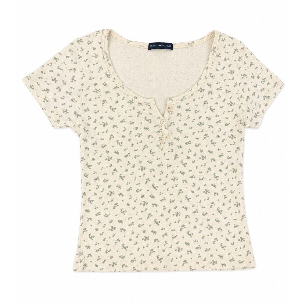 Brandy Melville Cream Floral Ribbed Henley Tee Cottagecore One Size